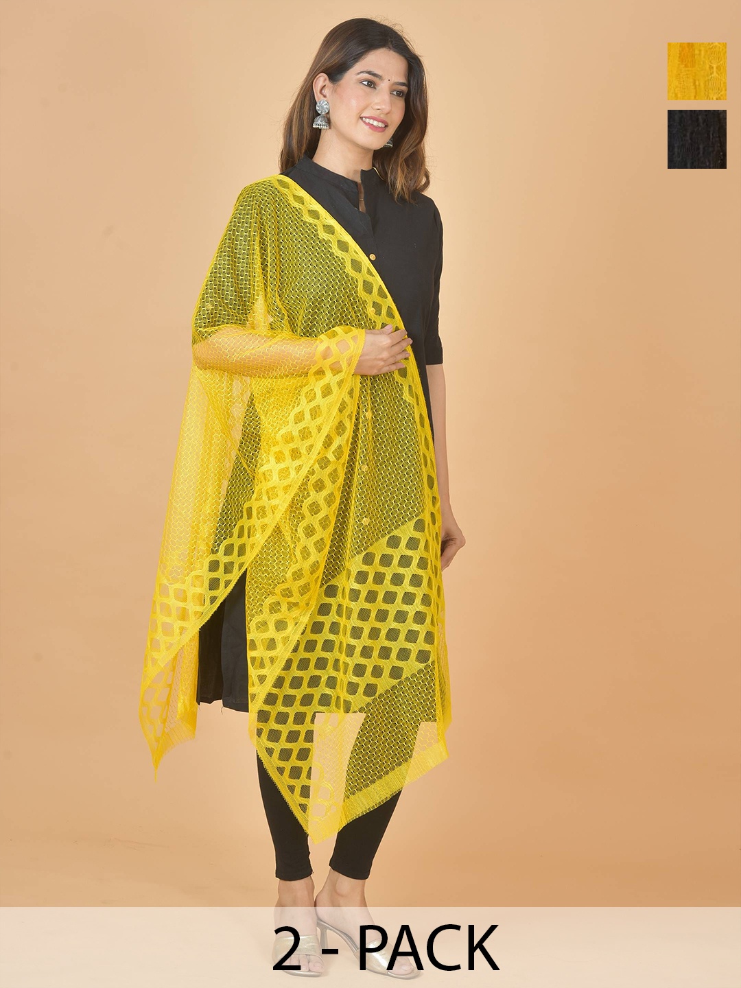 

LA FEMINAE Selection Of 2 Geometric Woven Design Dupattas, Yellow