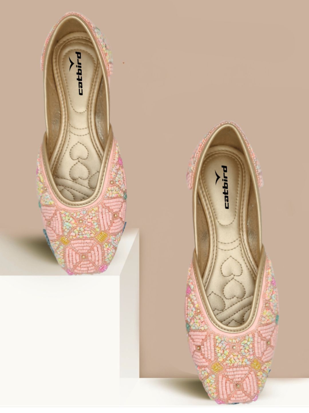 

CATBIRD Women Woven Design Round Toe Mojaris, Peach