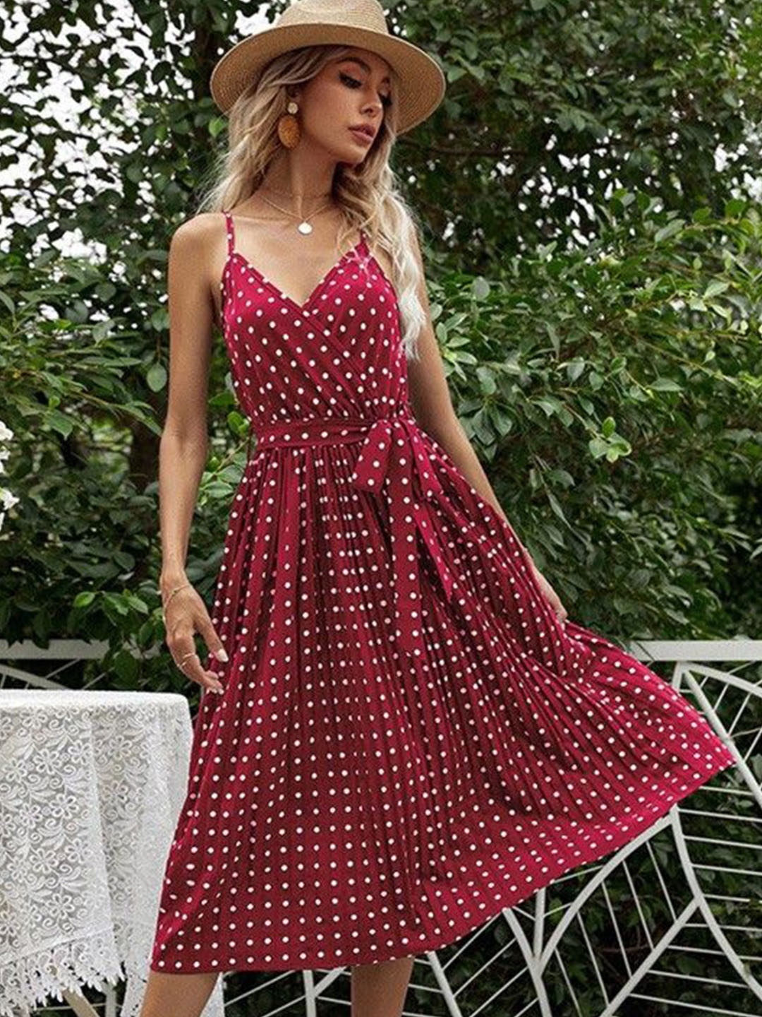 

HERE&NOW Polka Dot Print Fit & Flare Midi Dress, Maroon