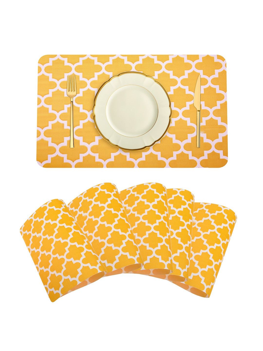 

Kuber Industries Yellow & White 6 Pieces Hexagon-Design Rectangle Shaped Table Placemats
