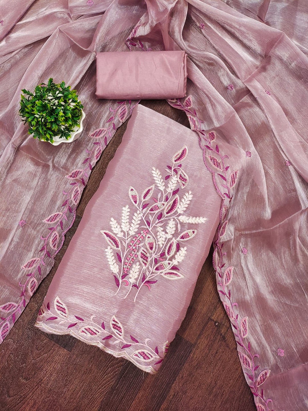 

Rangtulika Embroidered Thread Work Unstitched Dress Material, Pink