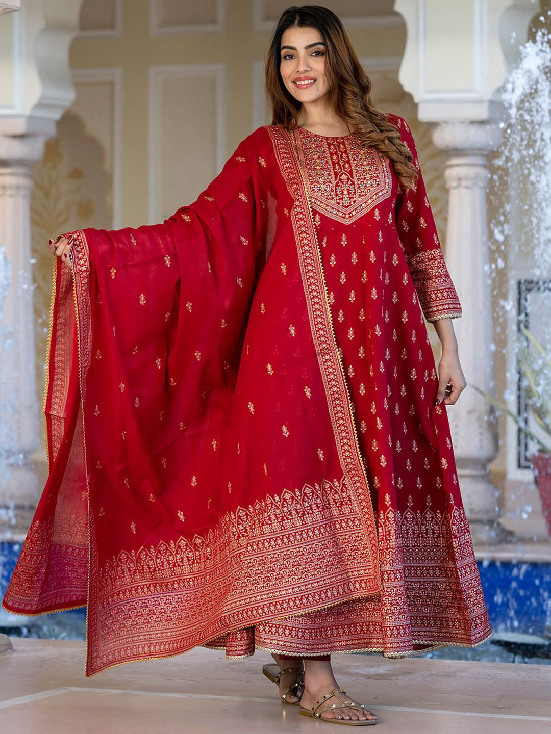 

KALINI Ethnic Motifs Embroidered Sequinned Anarkali Kurta With Trousers And Dupatta, Red