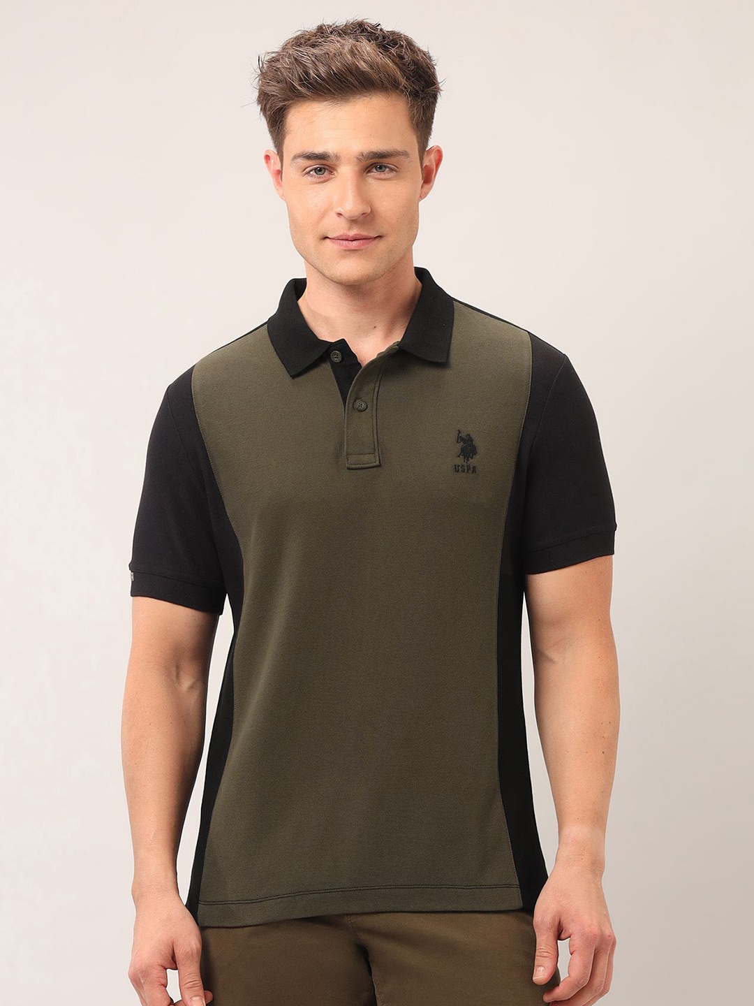 

U.S. Polo Assn. Denim Co. Men Brand Logo Colourblocked Polo Collar Pockets Slim Fit T-shirt, Green