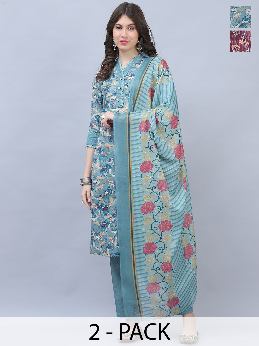

Roly Poly Selection Of 2 Floral Printed Straight Kurta with Trouser & Dupatta, Purple