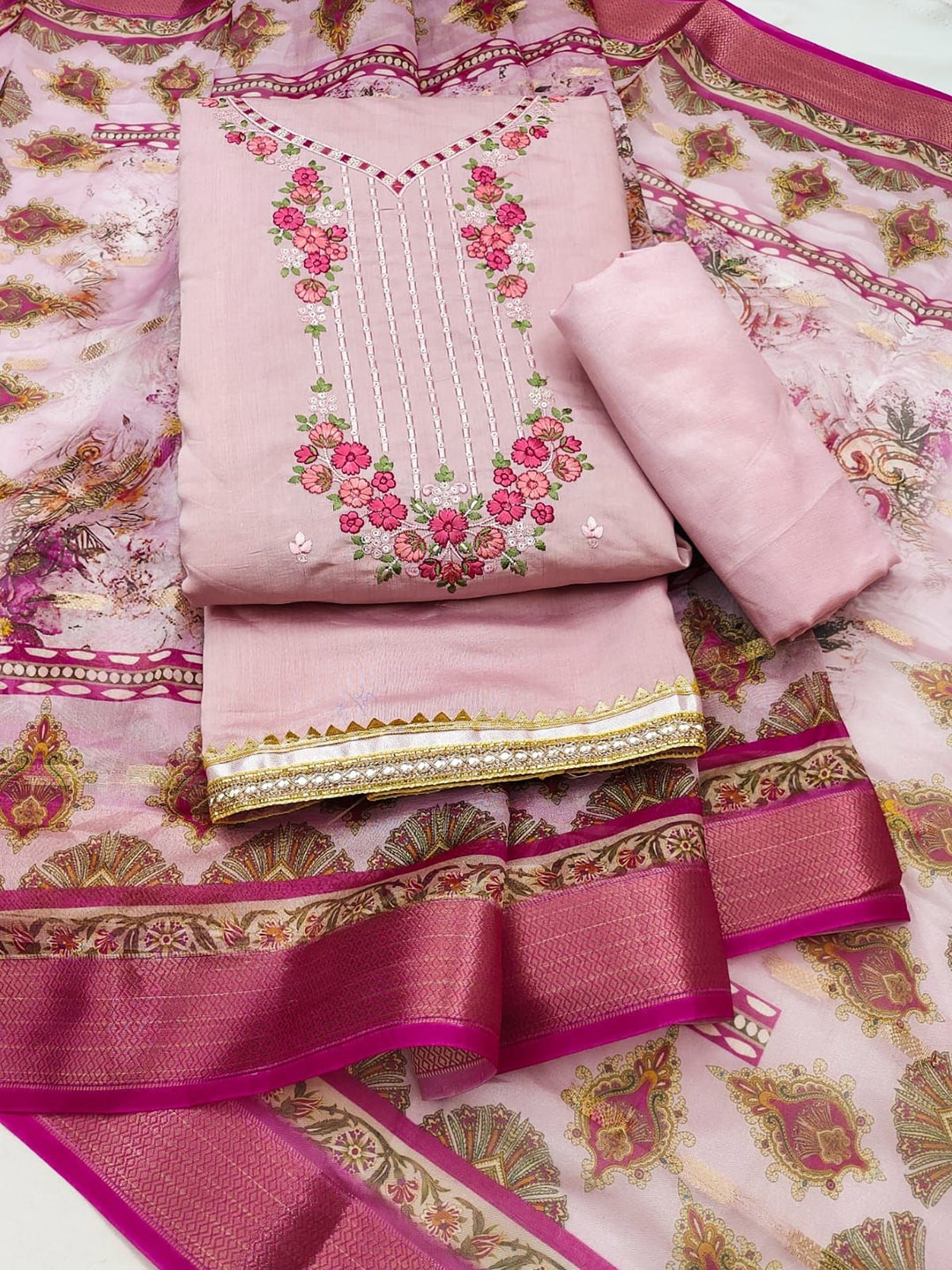 

Rangtulika Floral Embroidered Sequinned Unstitched Dress Material, Pink