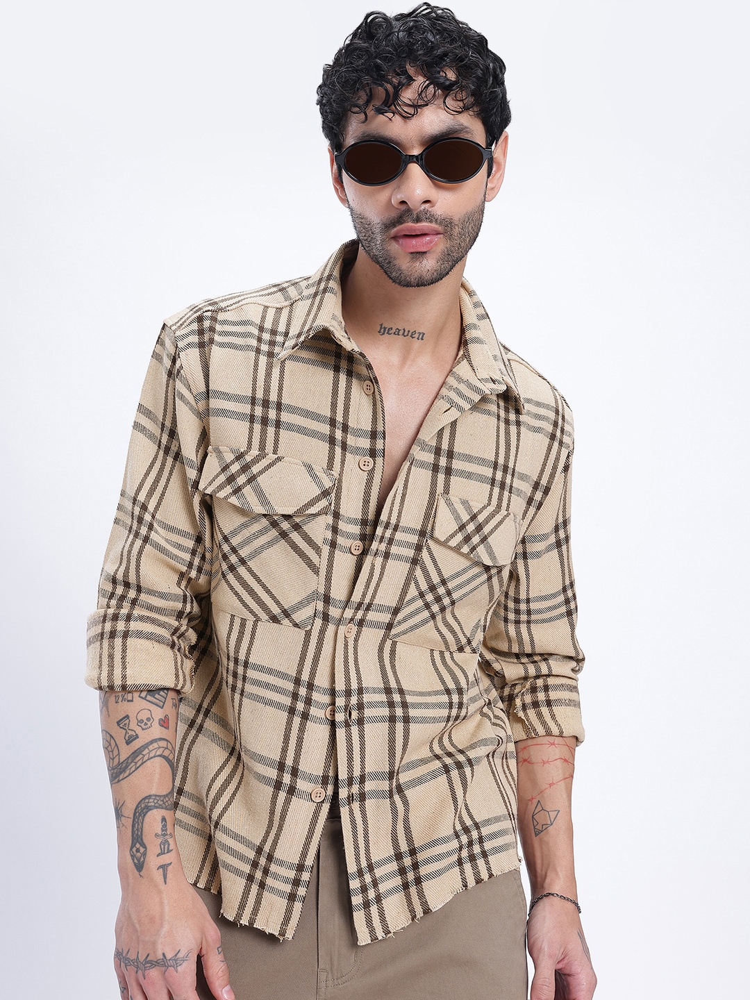 

glitchez Functional Fashion Checked Raw Hem Relaxed Fit Shirt, Beige