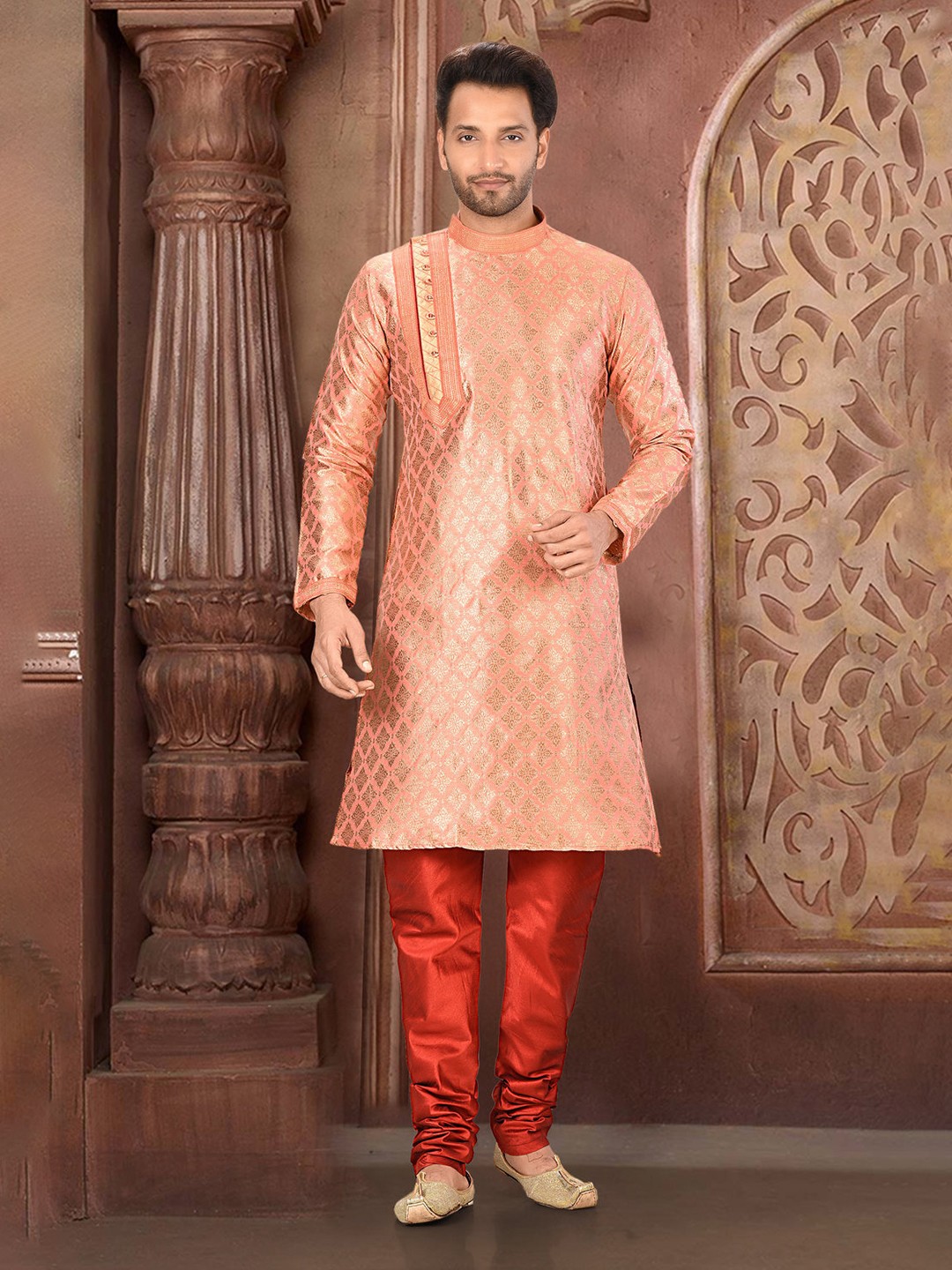 

RANAK Ethnic Motifs Woven Design Round Neck Jacquard A-Line Kurta, Peach