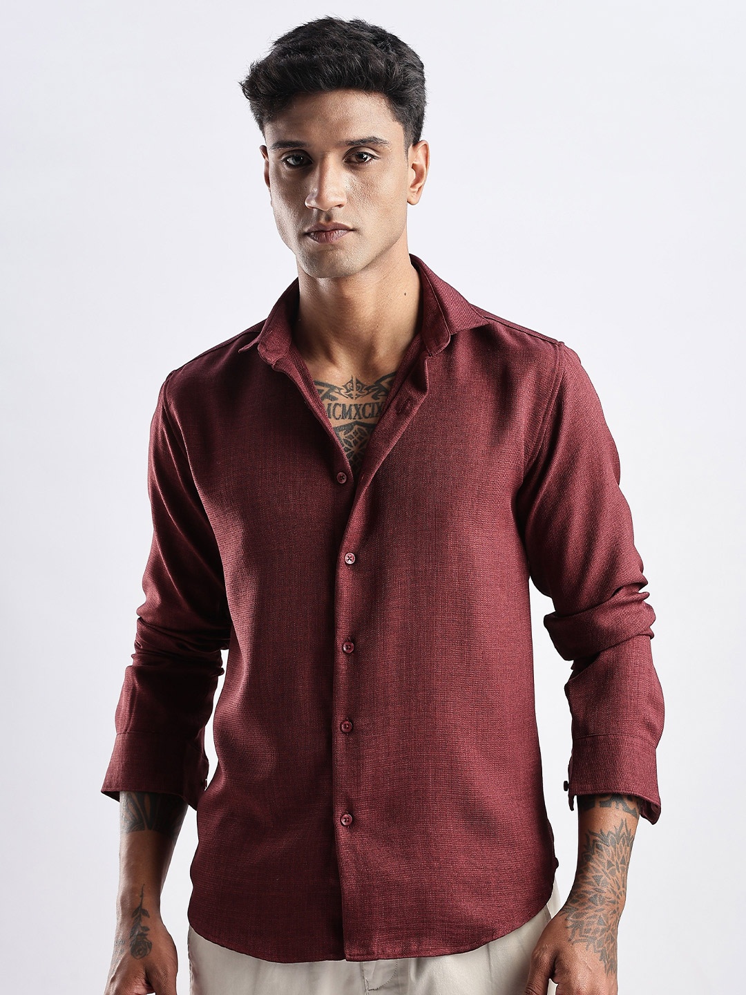 

THE BEETEL HOUSE Men Milange Linen Look Regular Slim Fit Casual Shirt, Maroon