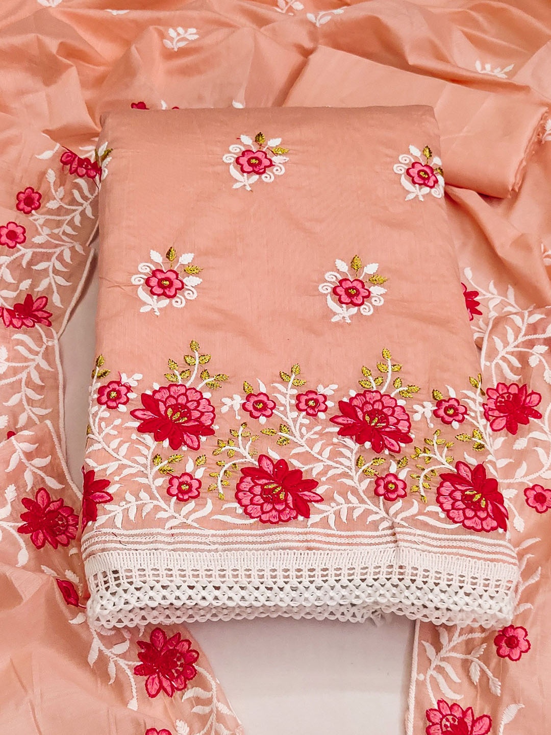 

SAINOOR Floral Embroidered Unstitched Dress Material, Peach