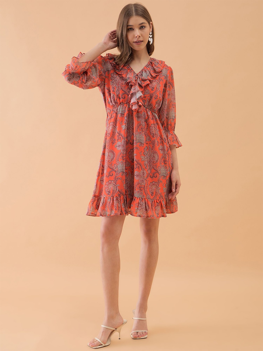 

CORSICA Floral Print Bell Sleeve Georgette Fit & Flare Dress, Red