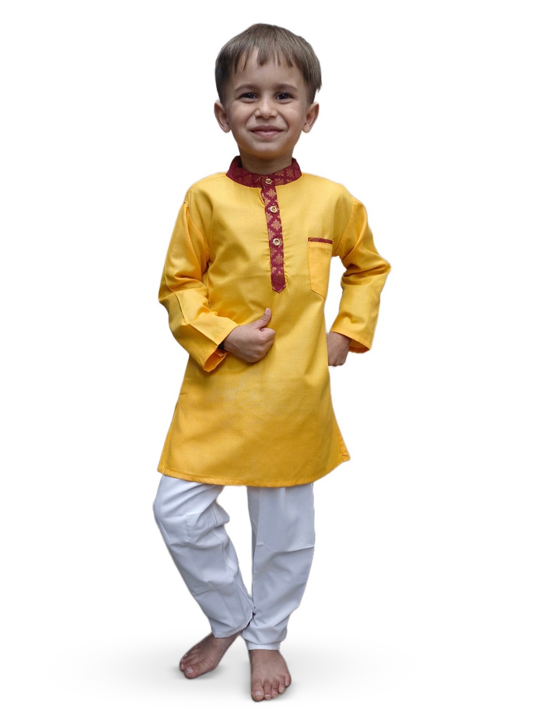 

BAESD Boys Band Collar Pure Cotton Straight Kurta With Pyjamas, Yellow