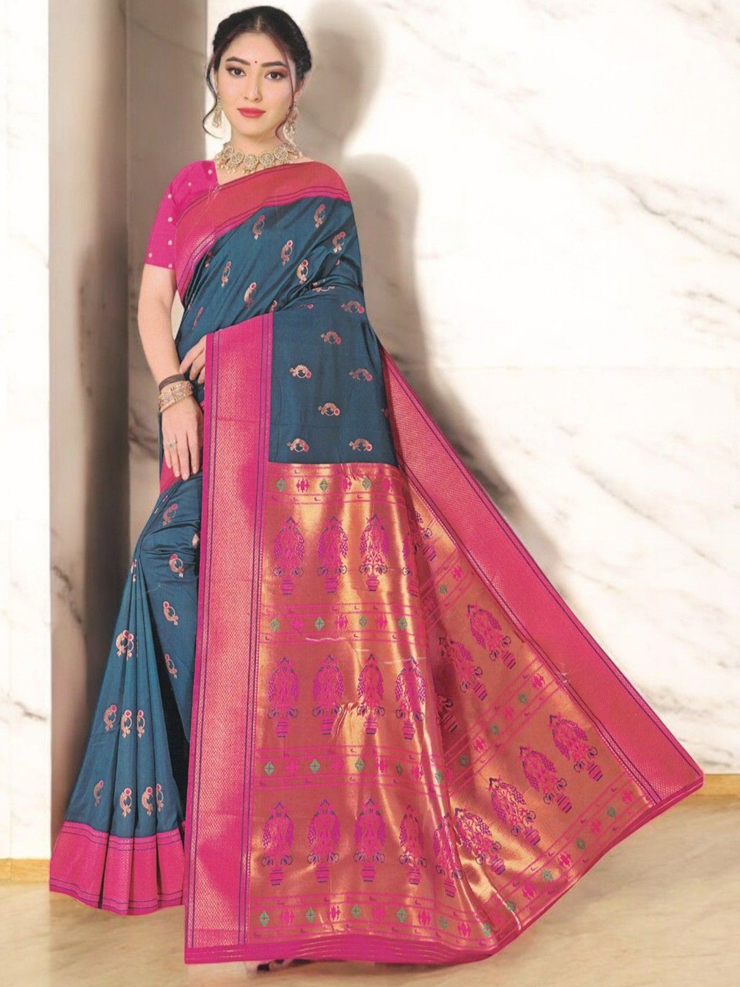 

SHOPPKEE Woven Design Zari Silk Blend Banarasi Saree, Blue