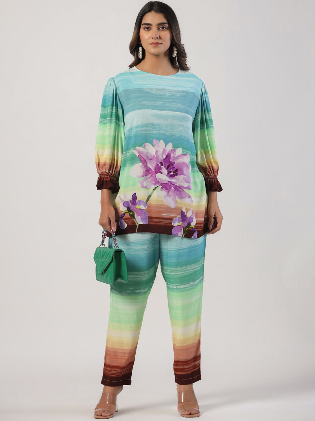 

STIL O STITCH Floral Printed Round Neck Puffed Sleeves Top With Trousers, Sea green