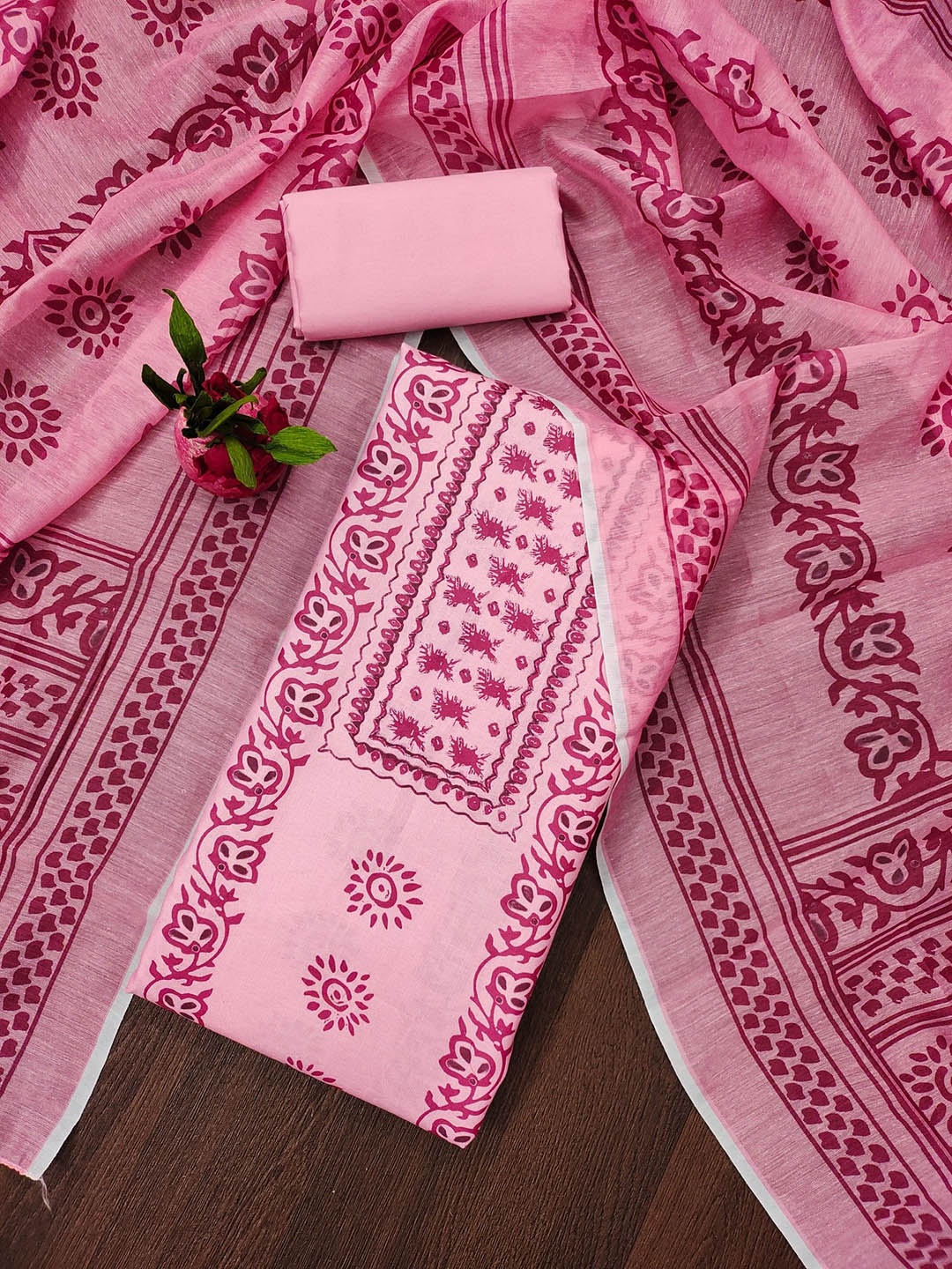 

Rangtulika Floral Printed Chanderi Cotton Unstitched Dress Material, Pink