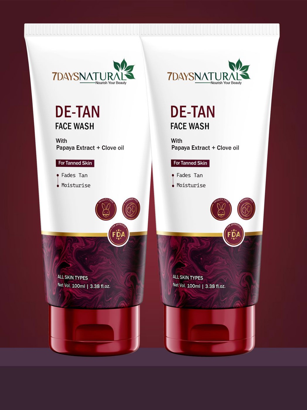 

7DAYS Natural Set Of 2 De-Tan Face Wash With Papaya Extract & Clove Oil - 100 ml Each, White