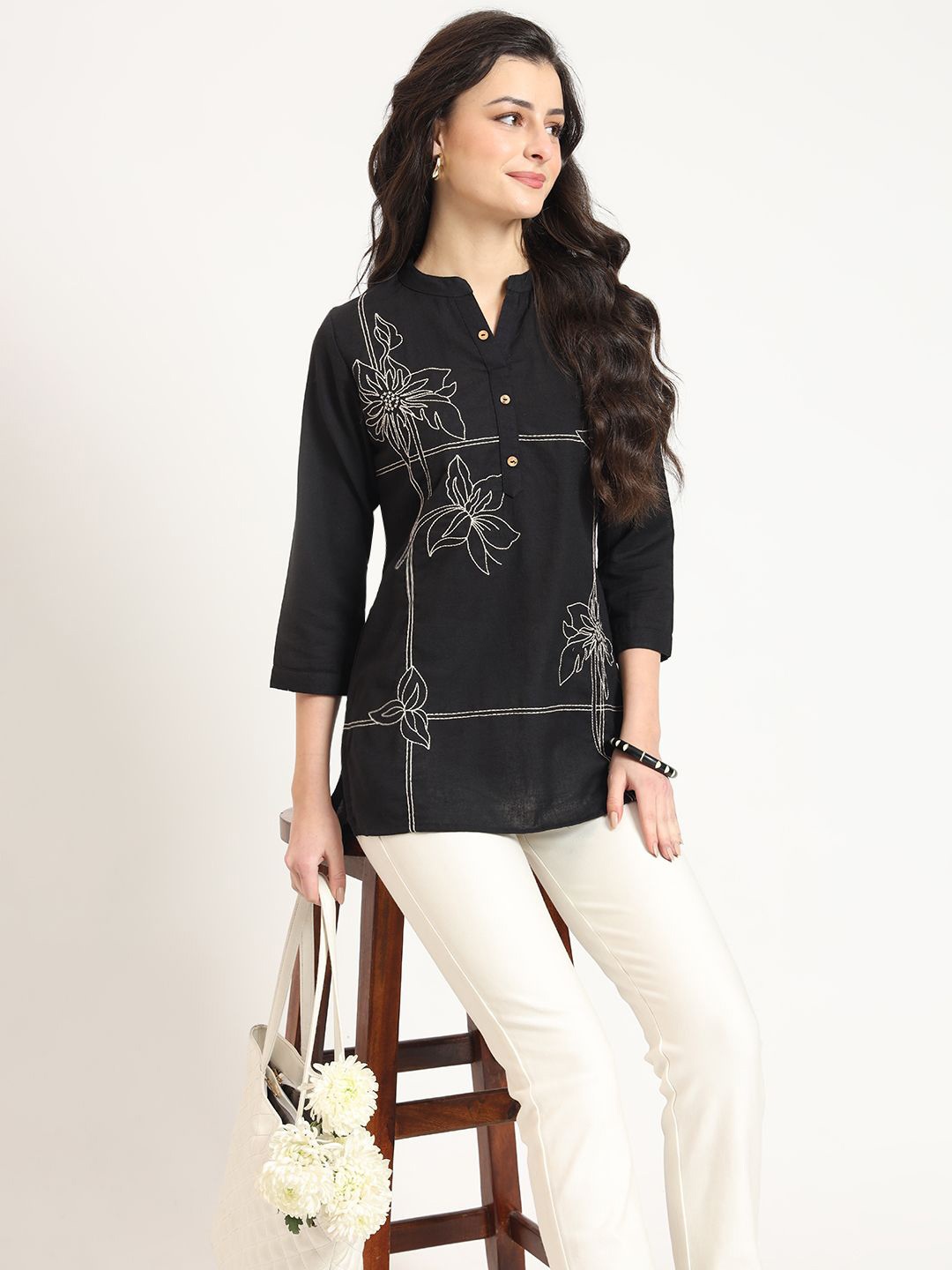 

KALINI Embroidered Mandarin Collar Cotton Top, Black