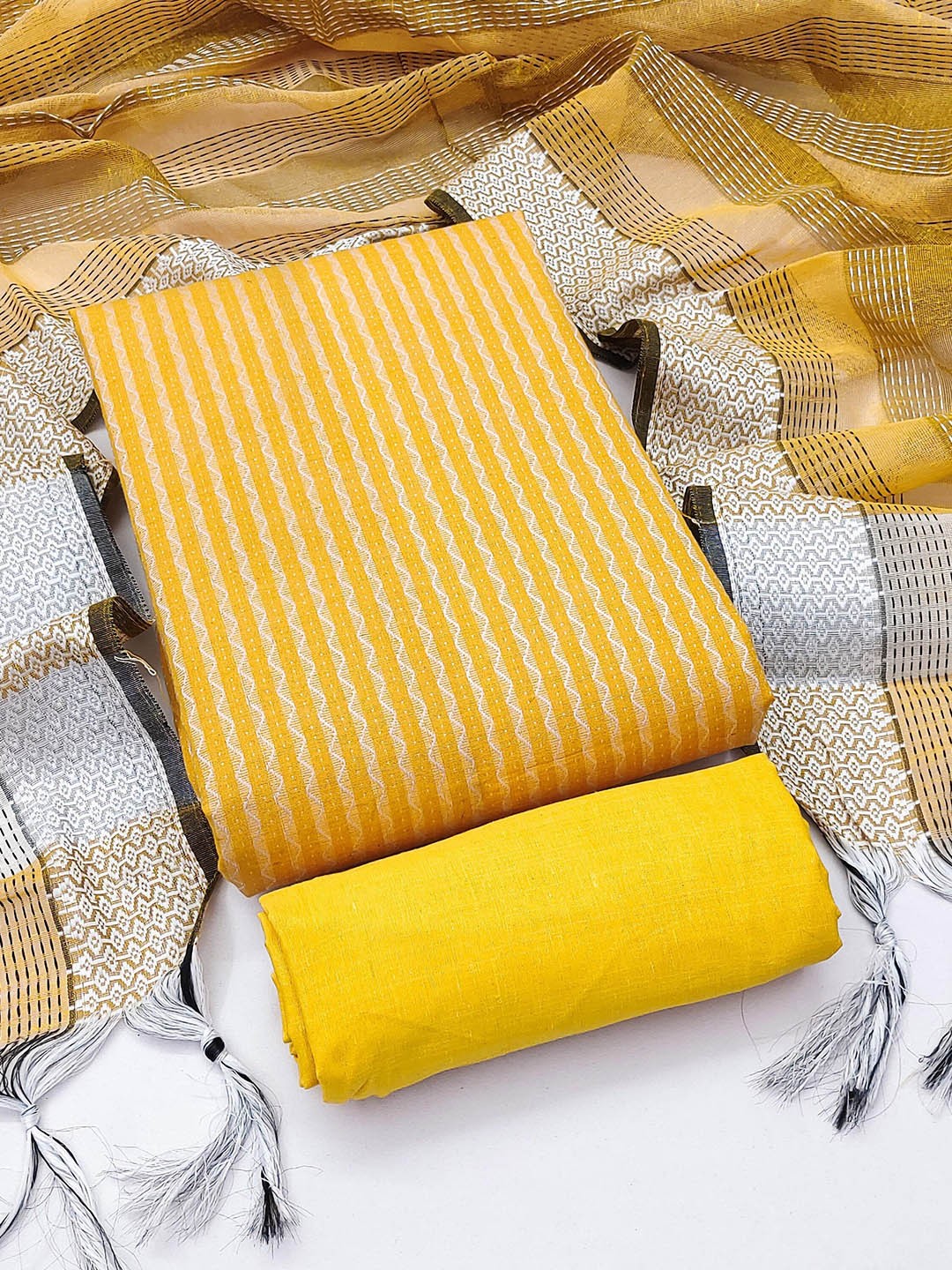 

SAINOOR Striped Woven Design Jacquard Cotton Unstitched Dress Material, Yellow