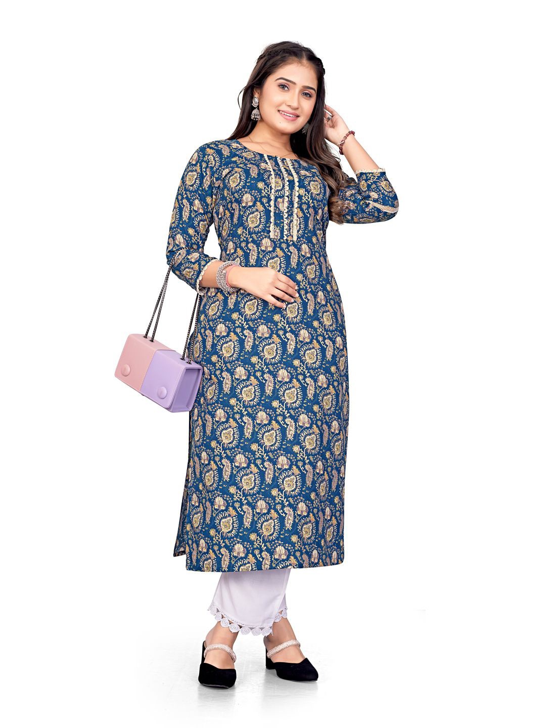 

KAYRAAH Embroidered Round Neck Straight Kurta, Blue