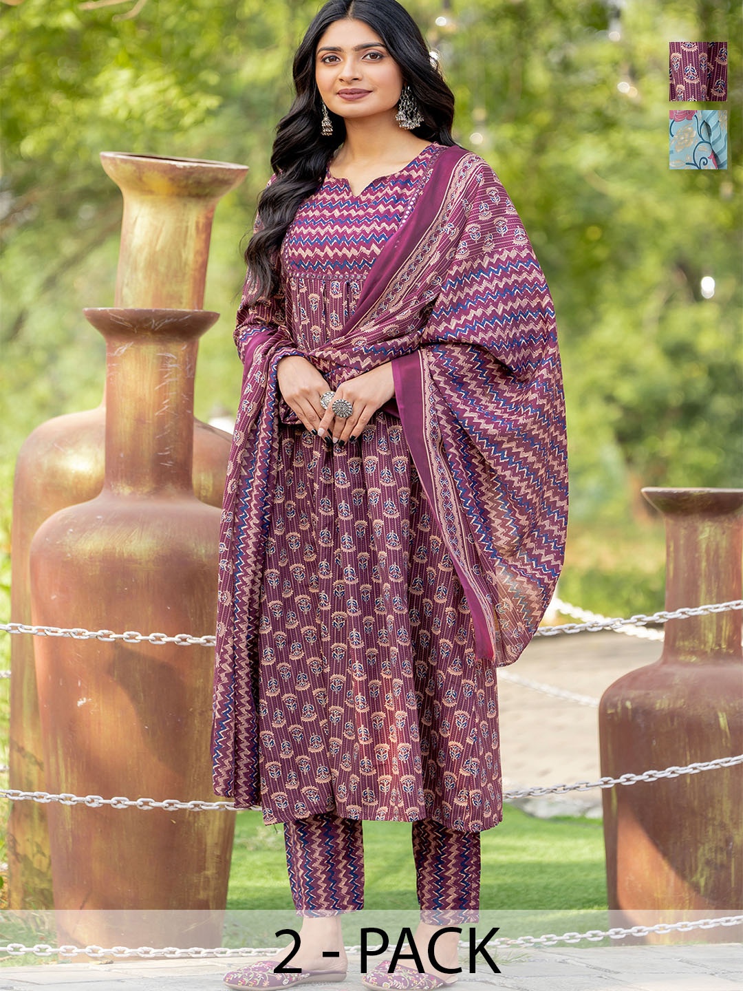 

KALINI Women Floral Printed Regular Kurta with Trousers & With Dupatta, Maroon