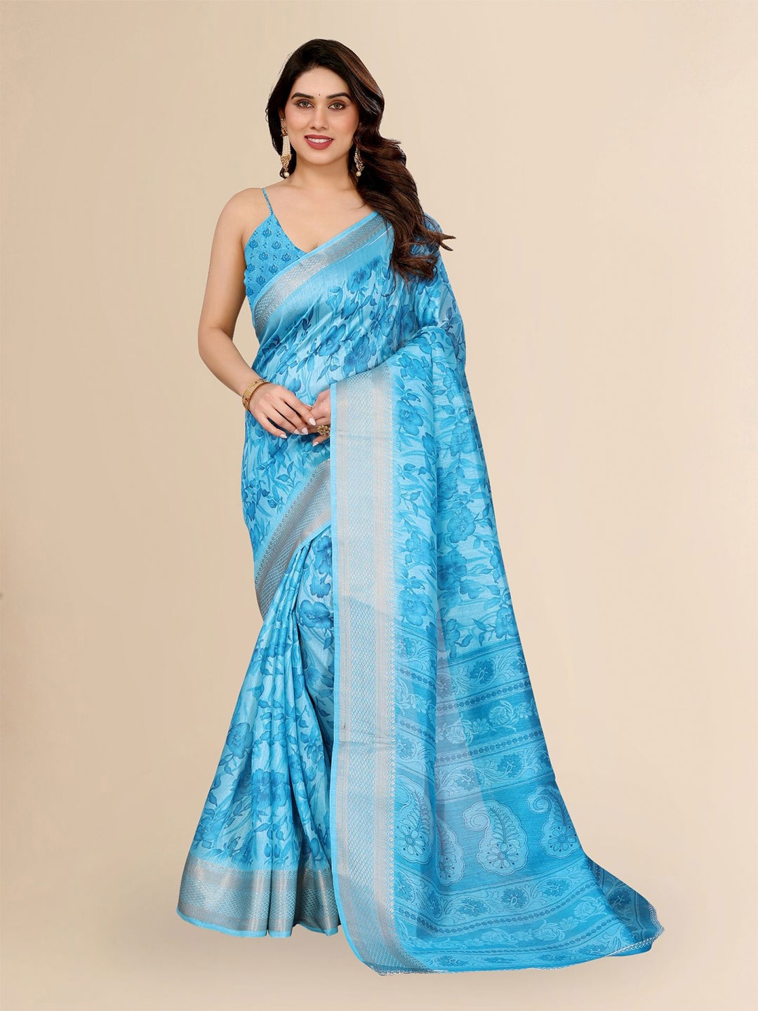 

Moda Rapido Floral Zari Saree, Blue