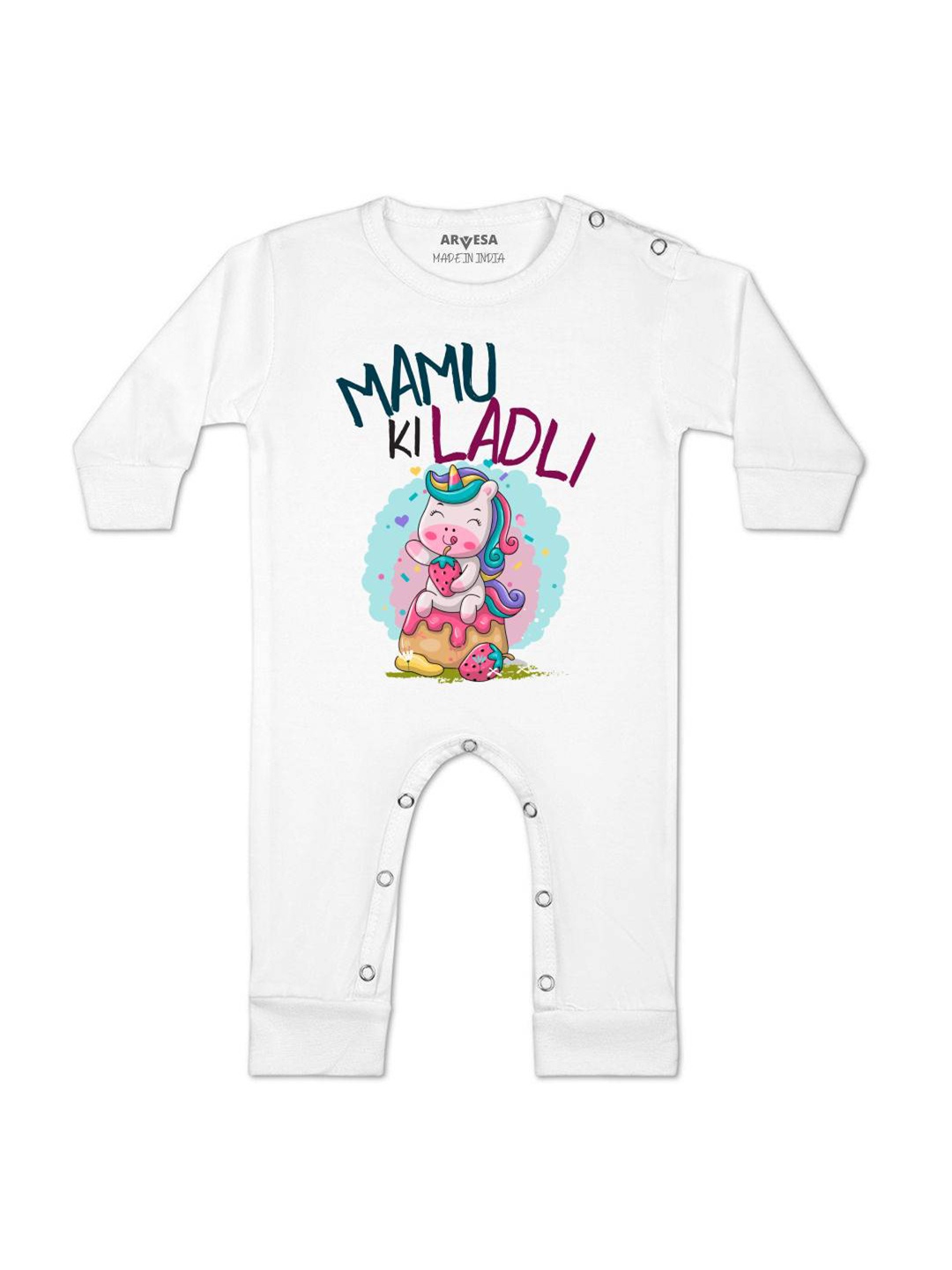 

Arvesa Kids Mamu Ki Ladli Printed Baby Romper, White