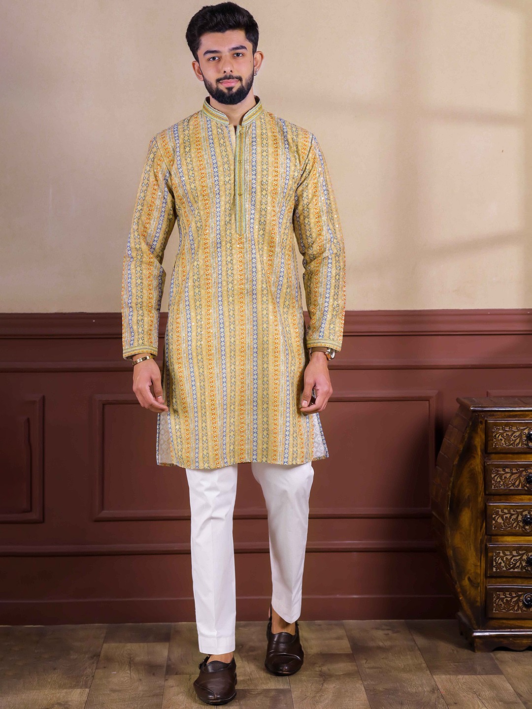 

Koshin Embroidered Mandarin Collar Cotton Straight Kurta, Yellow