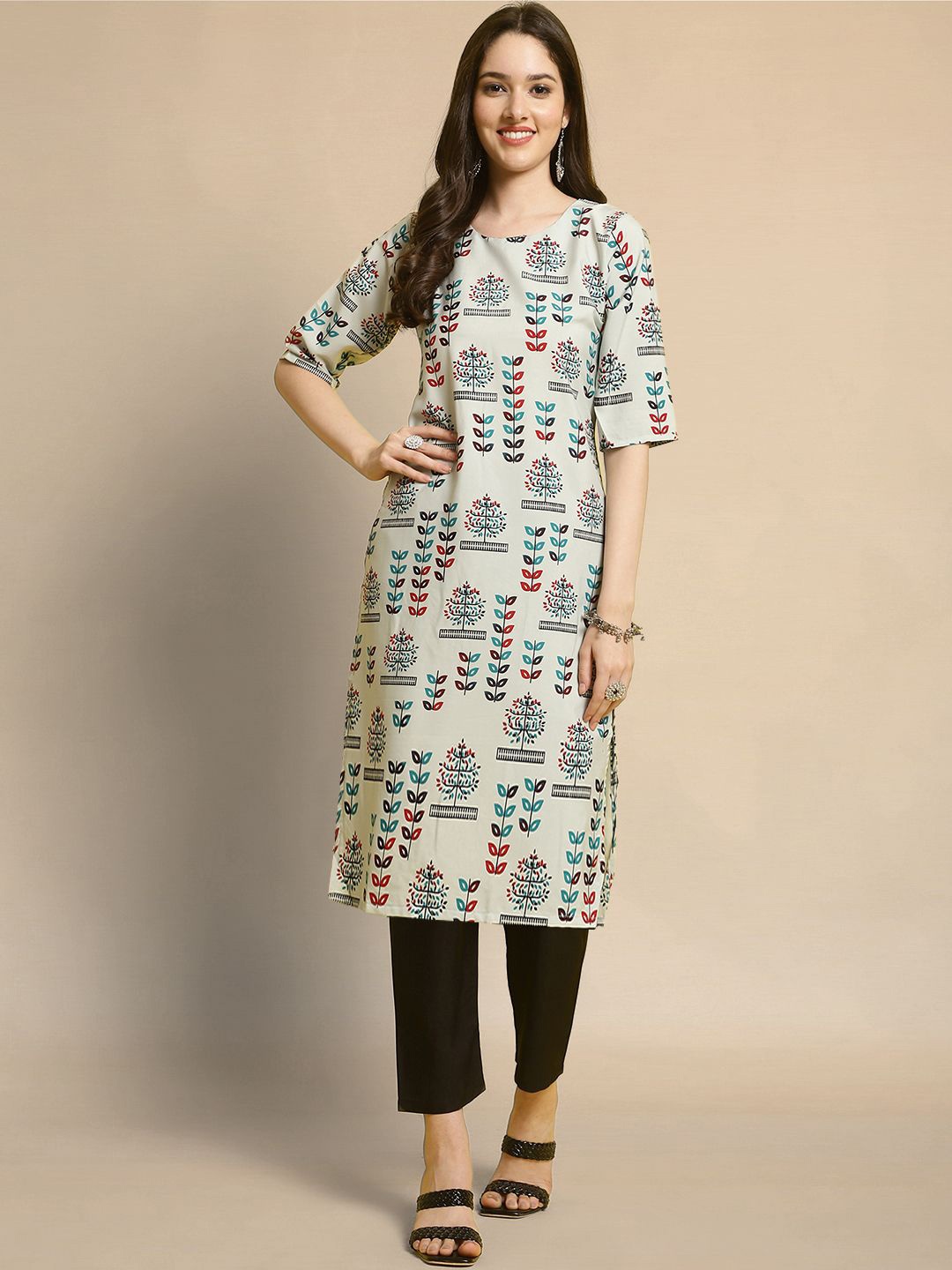 

Moda Rapido Floral Printed Round Neck Straight Kurta With Trousers, Grey