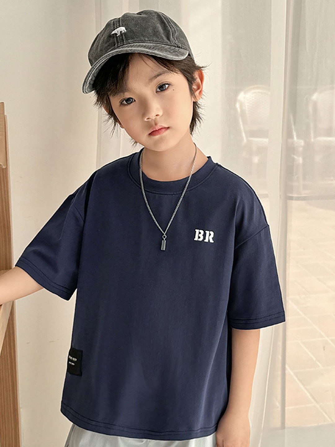 

LULU & SKY Boys Solid Round Neck Cotton Relaxed Fit T-shirt, Navy blue