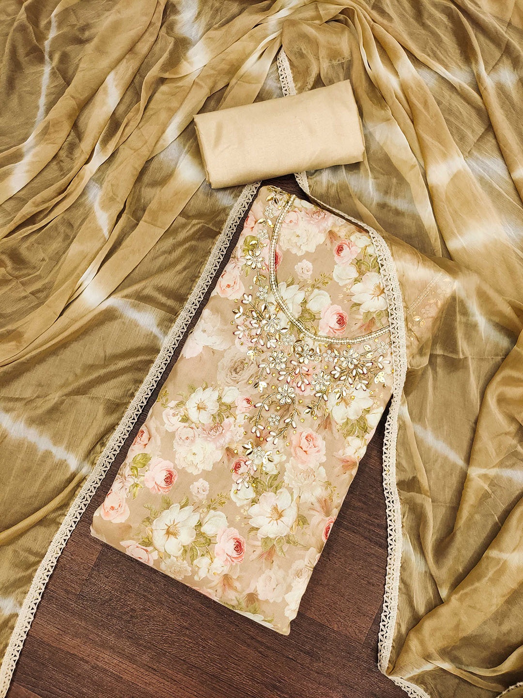 

SAINOOR Floral Printed Beads and Stones Unstitched Dress Material, Beige