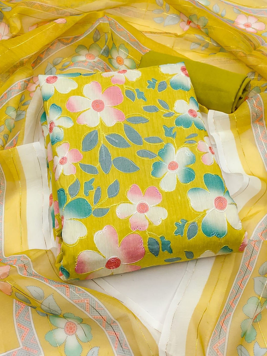 

BlissFlair Floral Printed Thread Work Organza Unstitched Dress Material, Yellow