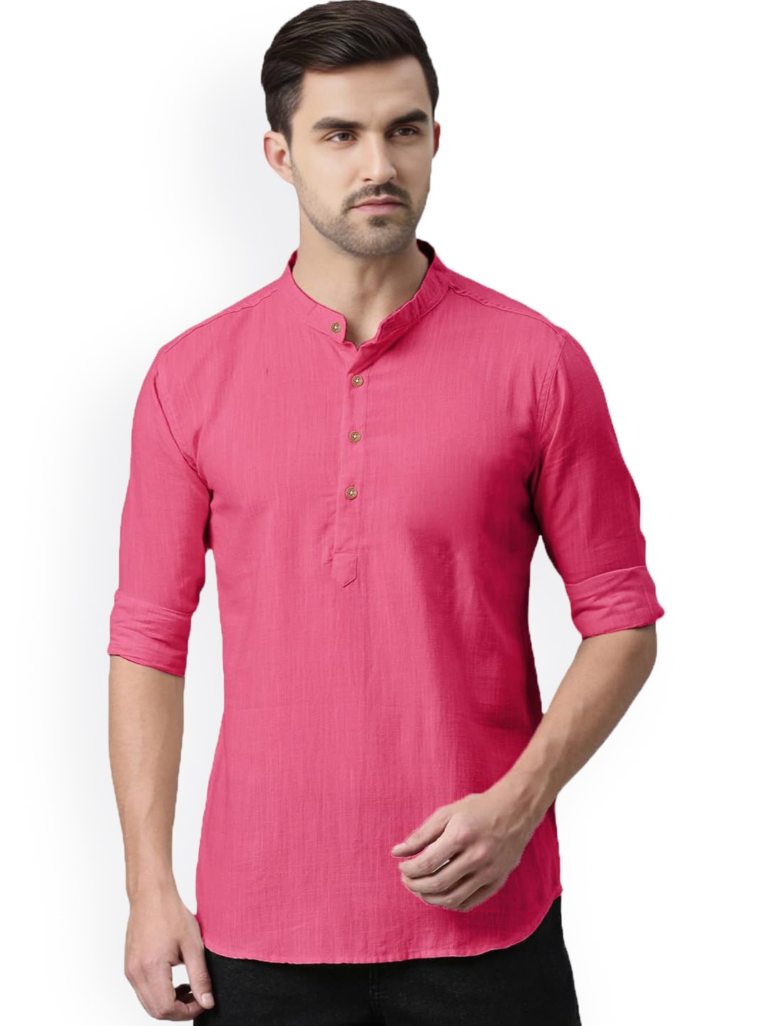 

univibe Band Collar Rolled-Up Sleeves Pure Cotton Slim Fit Kurta, Pink