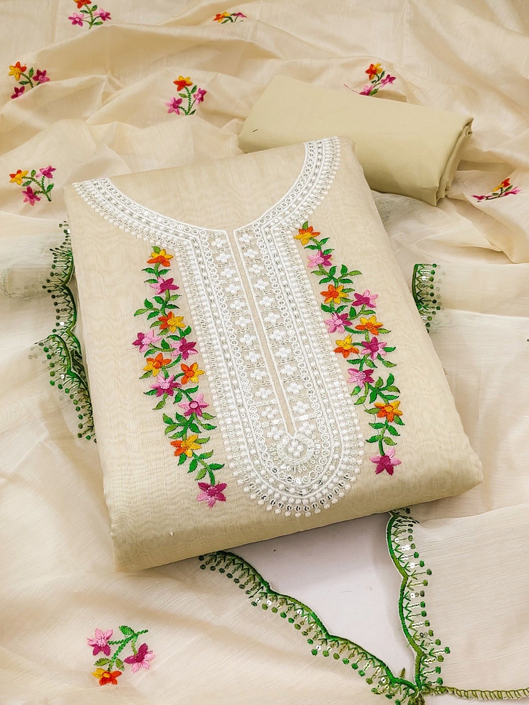 

Rangtulika Floral Embroidered Chanderi Cotton Unstitched Dress Material, Cream