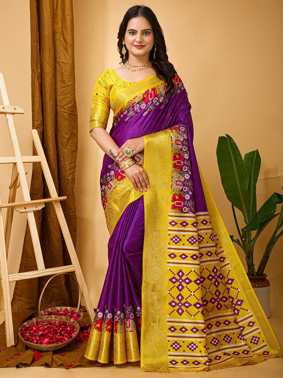 

V3 FASHION STUDIO Ethnic Motifs Zari Art Silk Saree, Purple