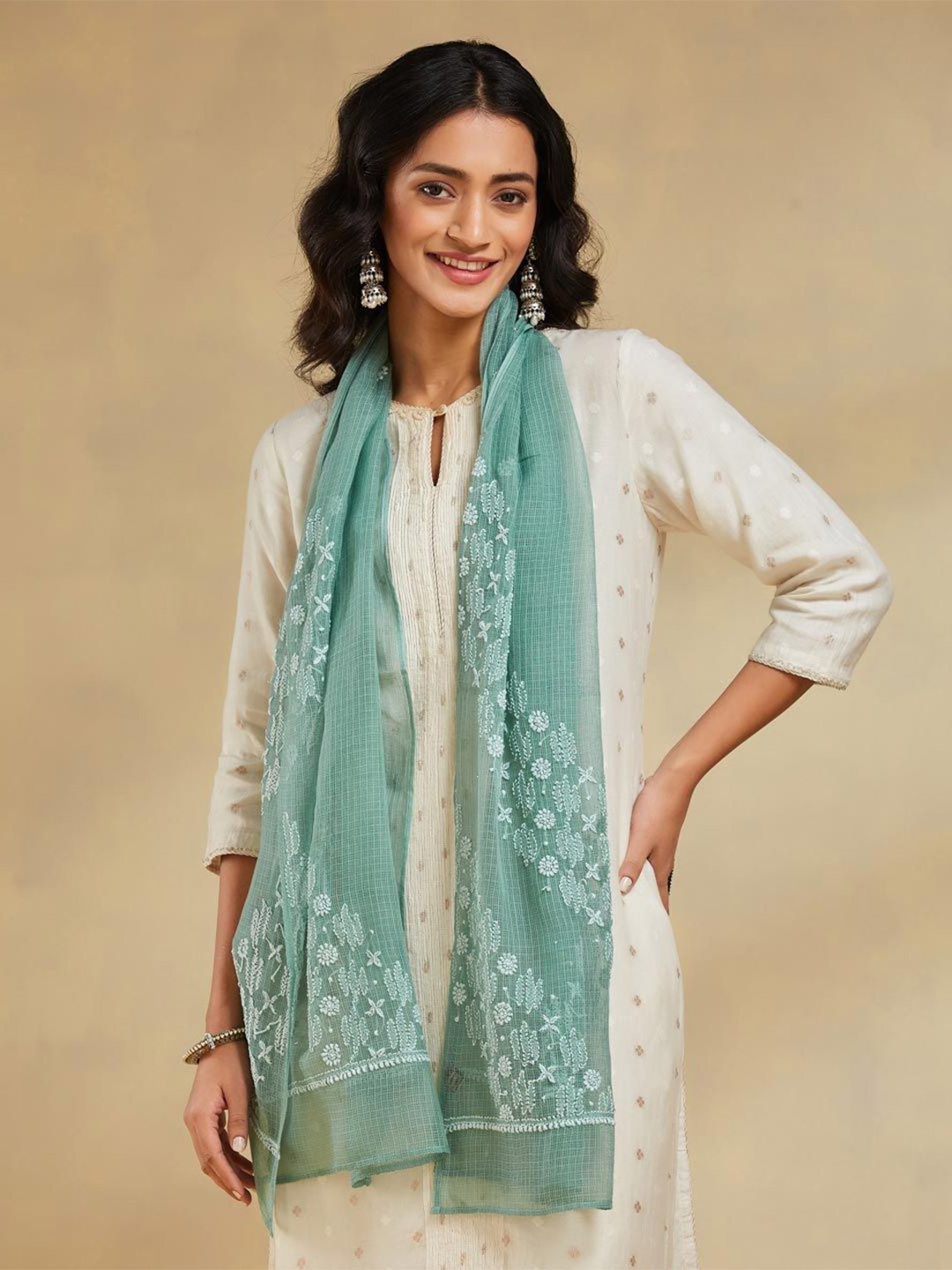 

Fabindia Women Embroidered Stole, Teal