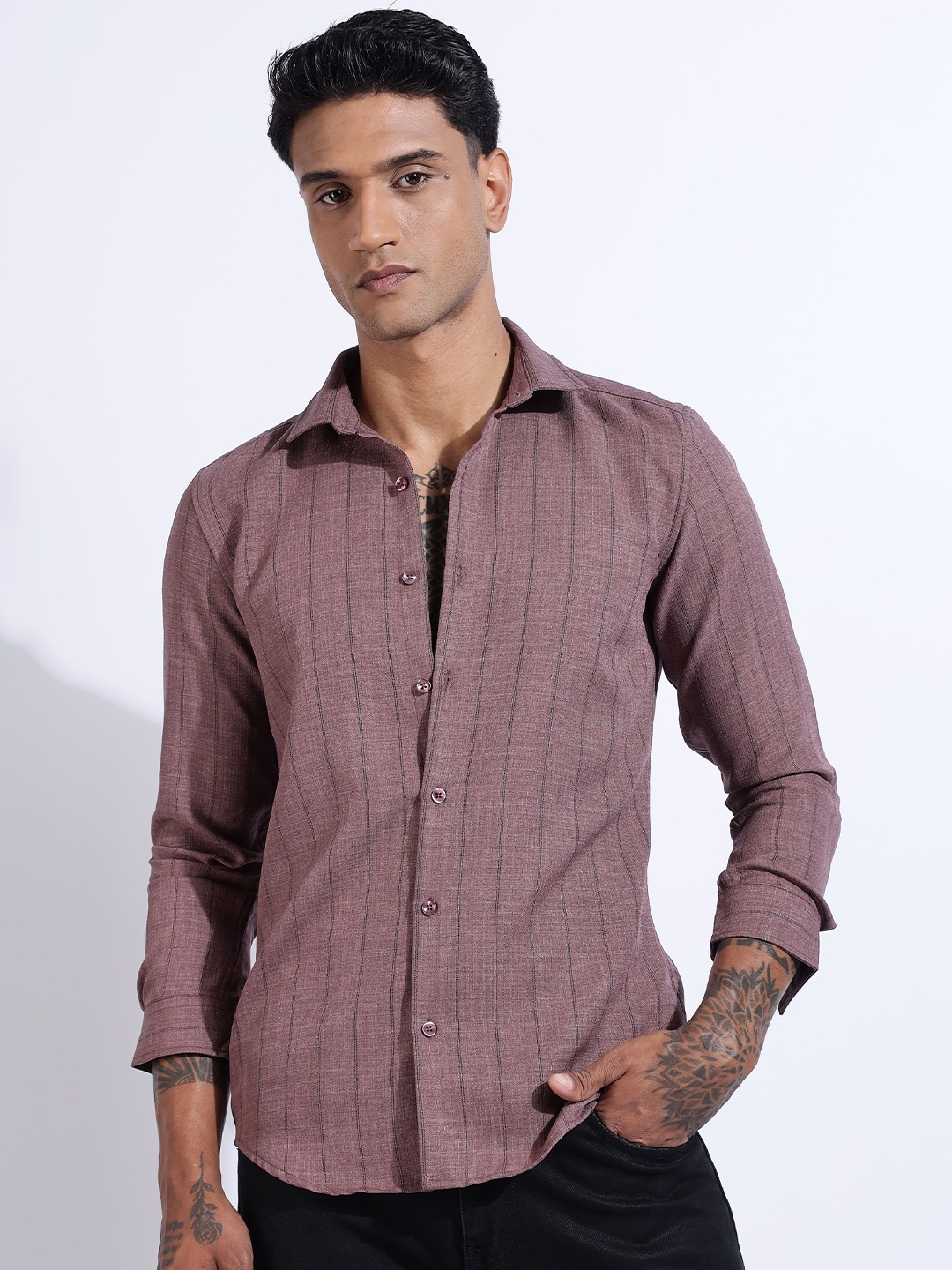 

THE BEETEL HOUSE Men Air Like Linen Stripes Regular Slim Fit Casual Shirt, Purple