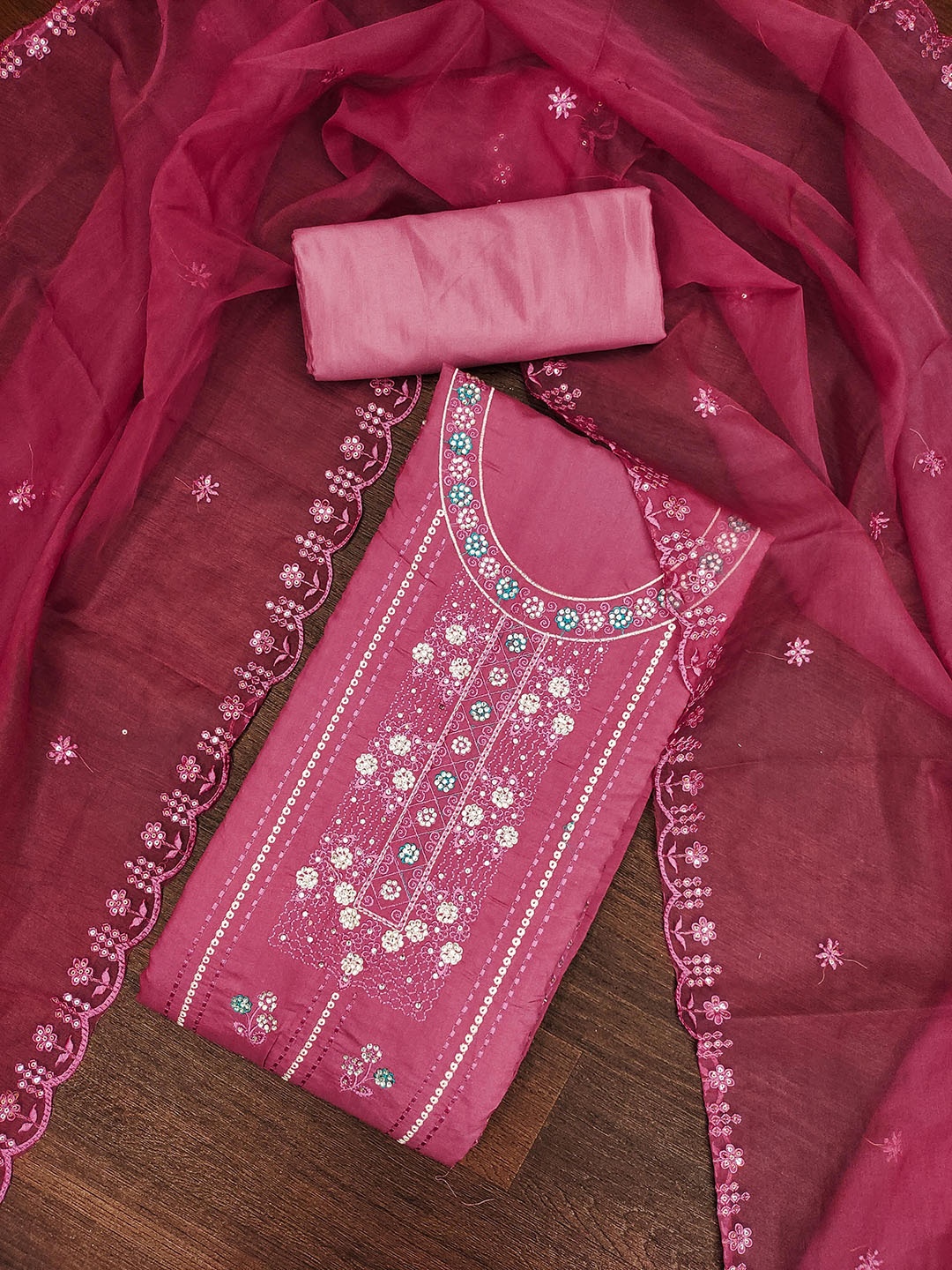 

SAINOOR Floral Embroidered Pure Silk Unstitched Dress Material, Pink