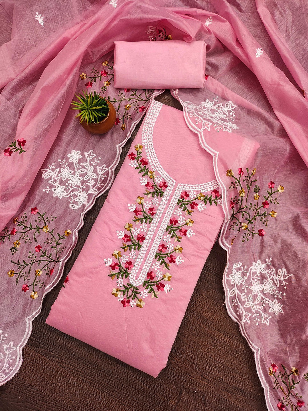 

MANVAA Embellished Unstitched Dress Material, Pink