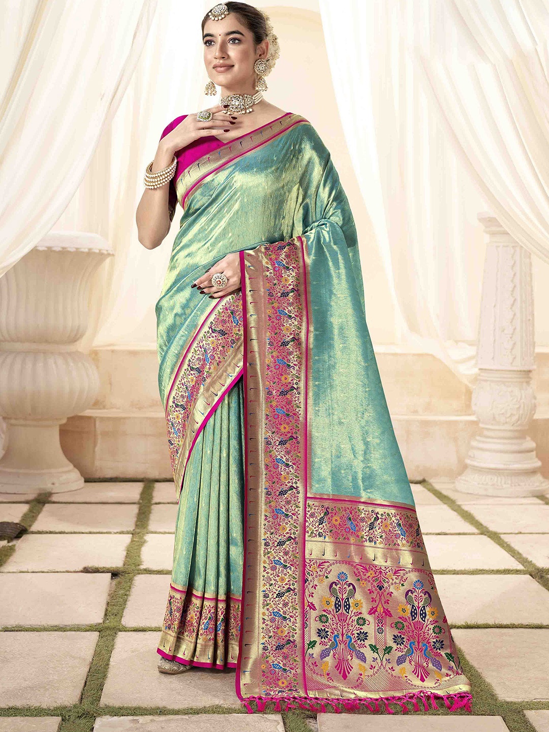 

KIMISHA Woven Design Zari Silk Blend Handloom Paithani Saree, Turquoise blue