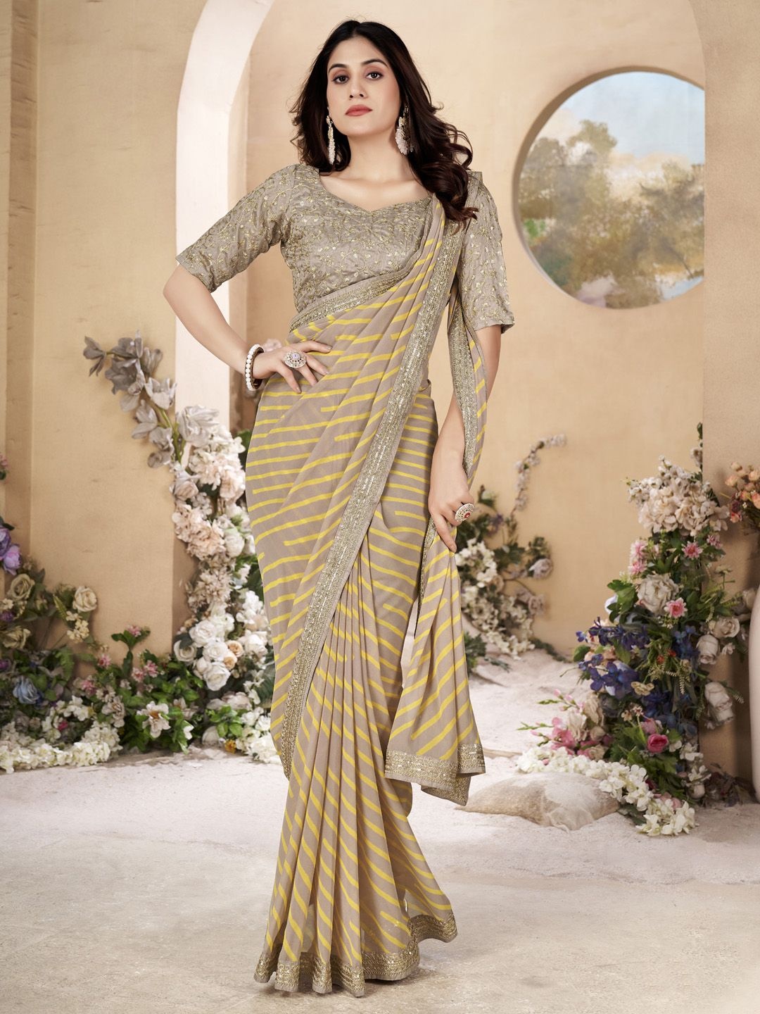 

Mitera Leheriya Sequinned Pure Georgette Leheriya Saree, Beige
