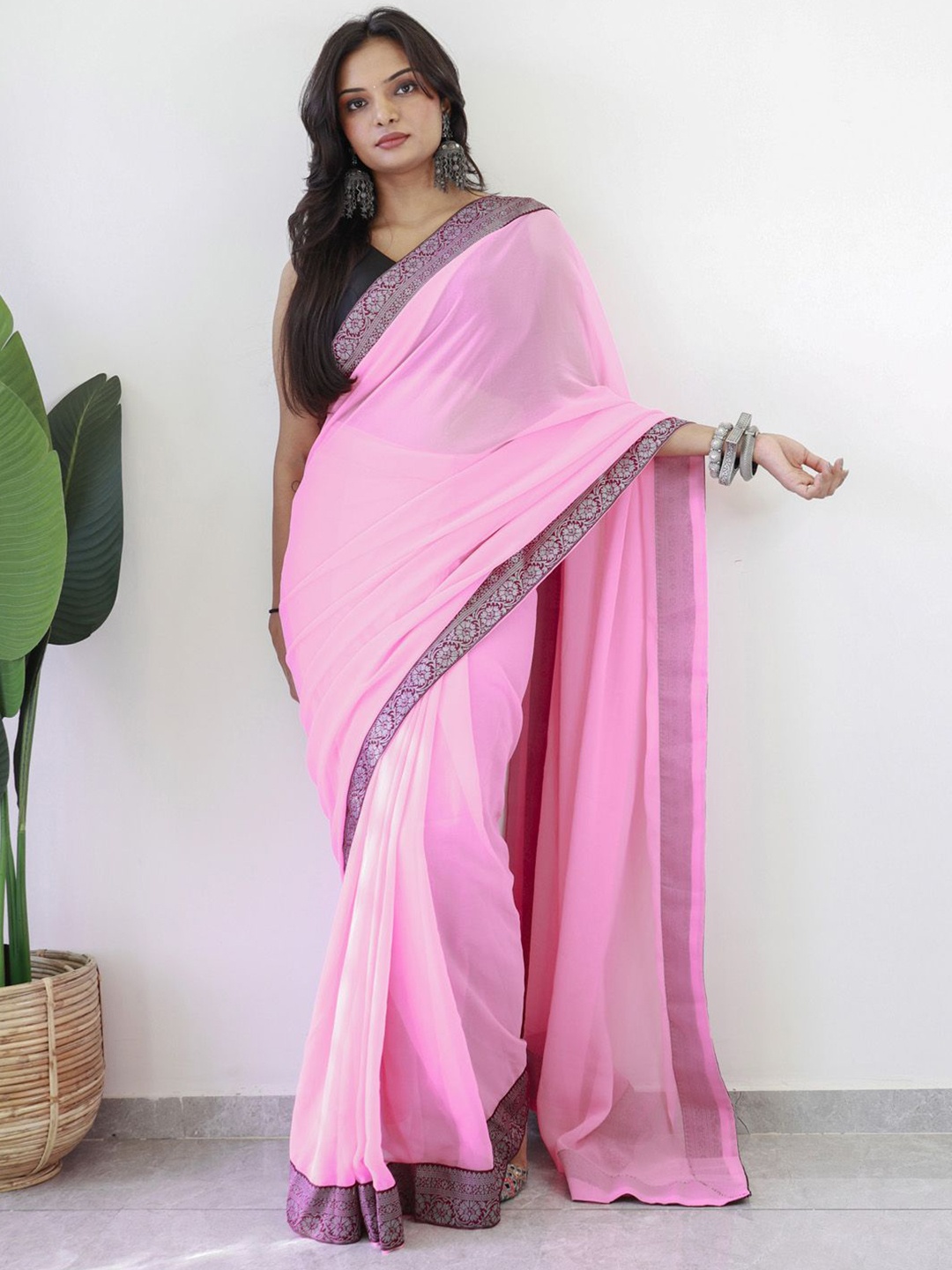 

Anouk Rustic Zari Poly Georgette Ready to Wear Saree, Pink