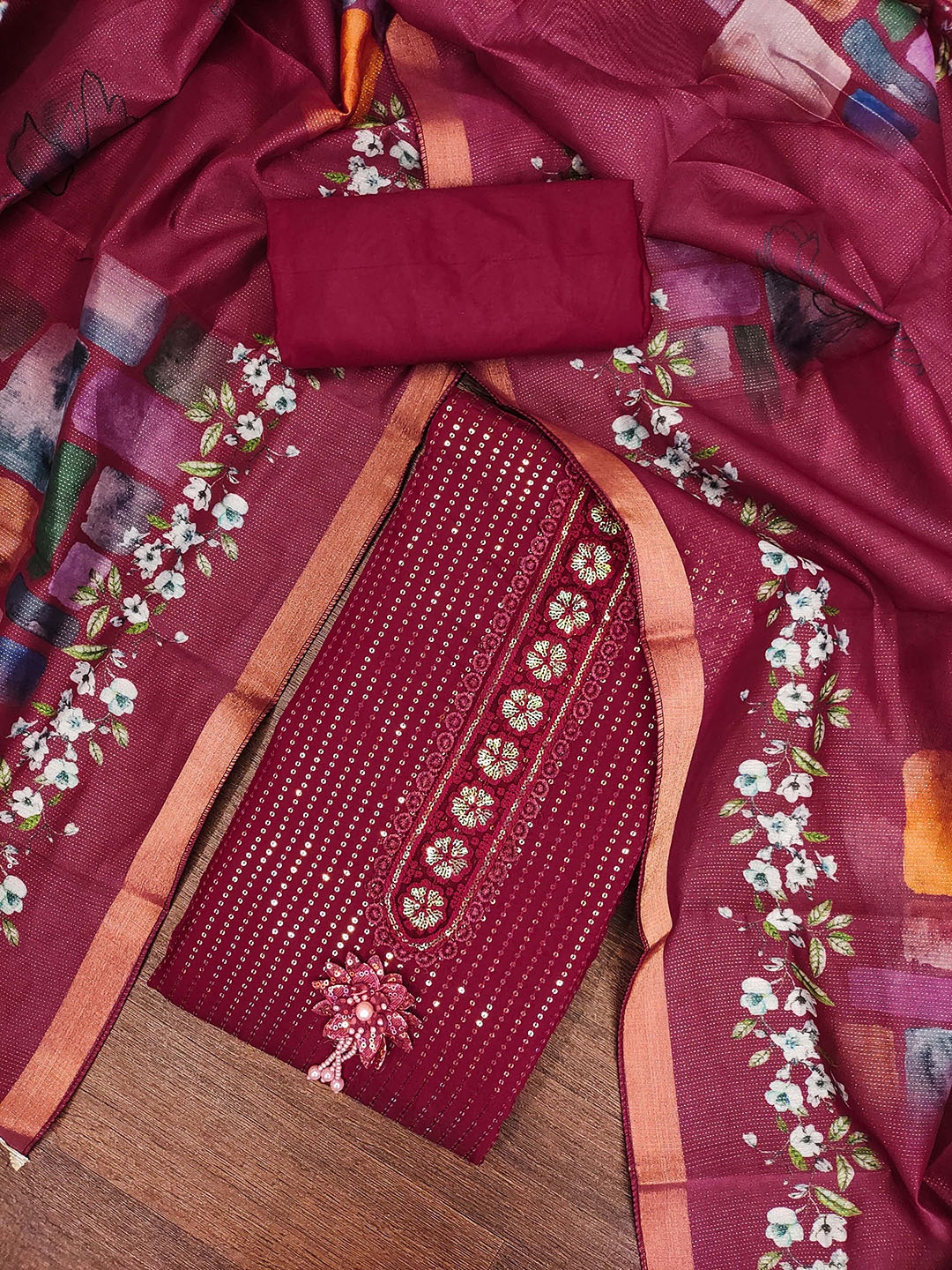 

SAINOOR Embroidered Pure Silk Semi-Stitched Dress Material, Maroon