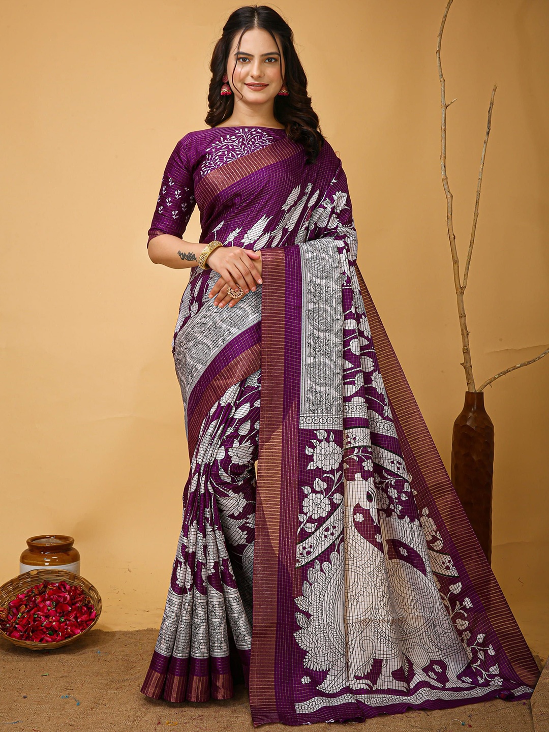 

V3 FASHION STUDIO Ethnic Motifs Zari Art Silk Saree, Purple