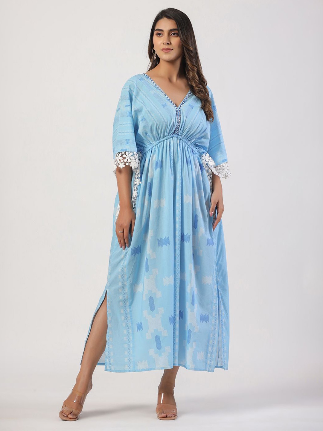 

STIL O STITCH Print Flared Sleeve Satin Kaftan Maxi Dress, Blue