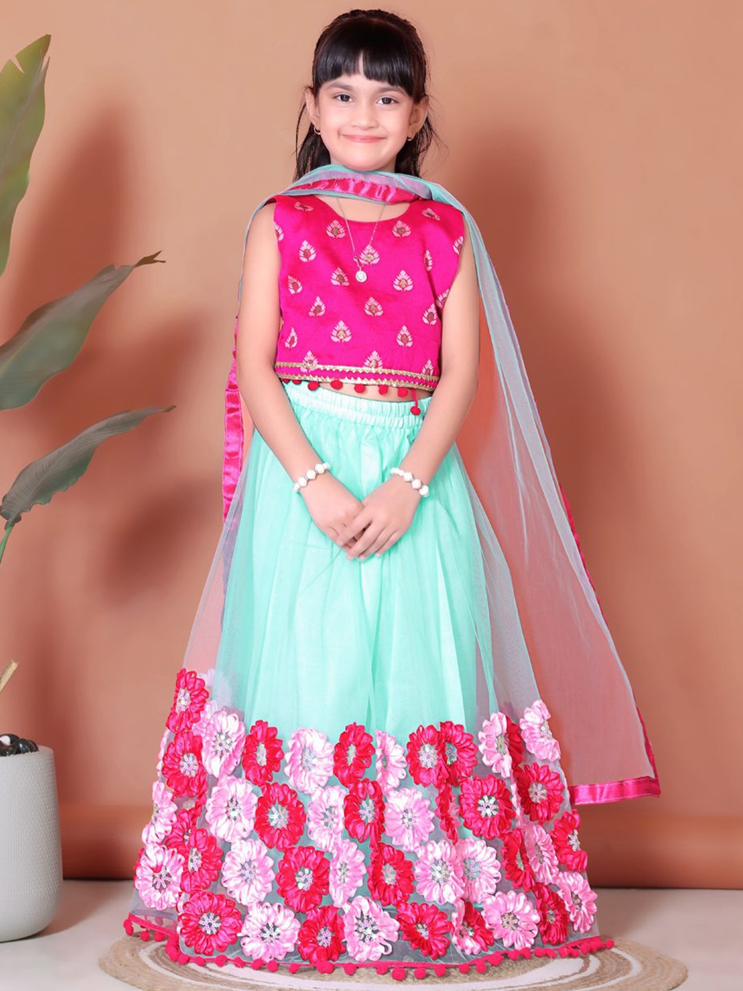 

BAESD Girls Patchwork Ready to Wear Lehenga & Blouse With Dupatta, Turquoise blue