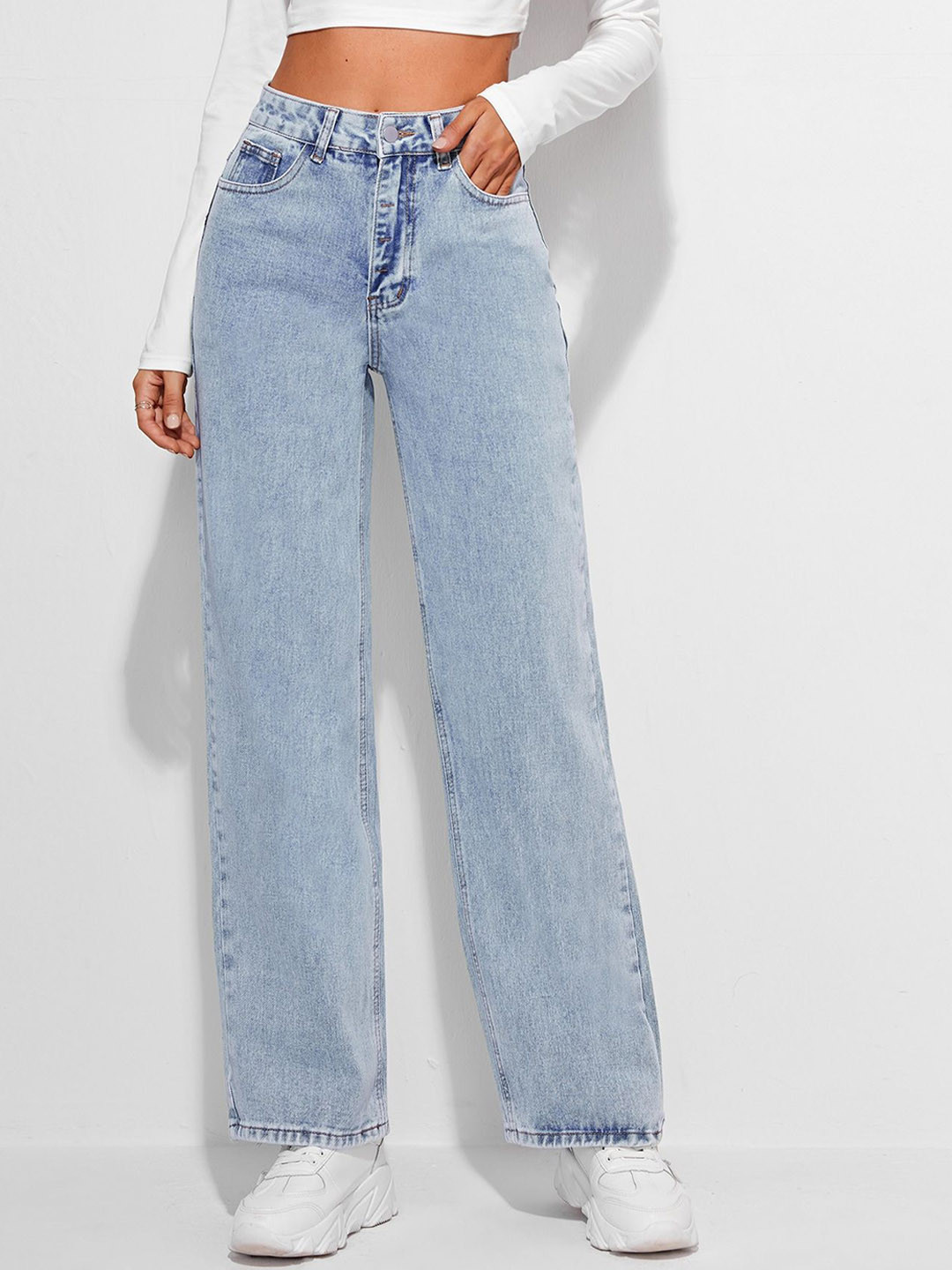 

DressBerry Women Comfort Straight Fit High-Rise Light Fade Acid Wash Stretchable Jeans, Blue