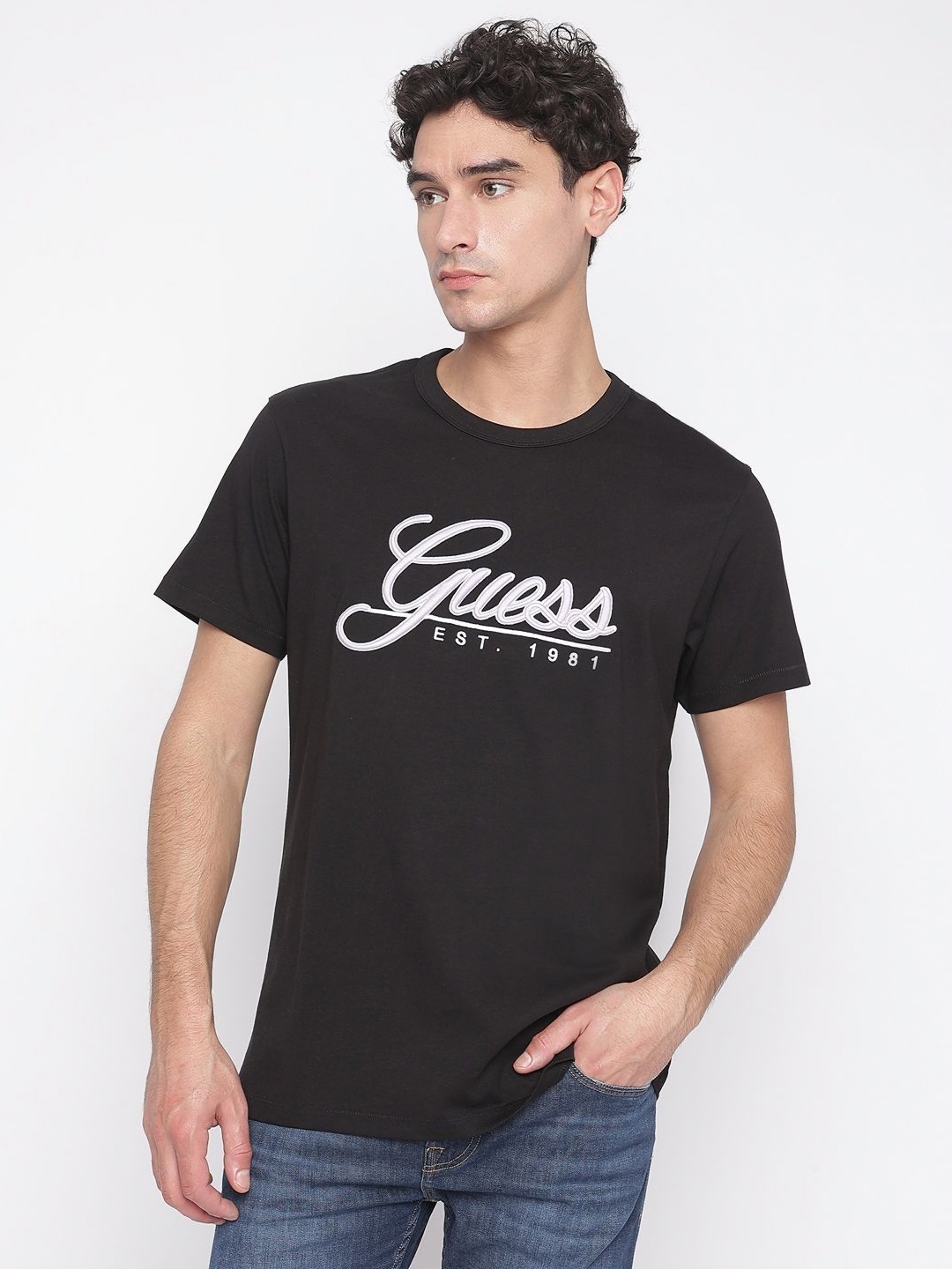 

GUESS Men Typography Printed Round Neck Cotton T-shirt, Black