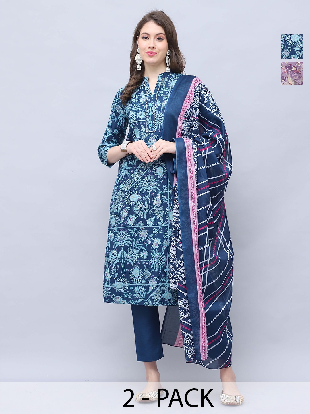 

Rajnandini Selection Of 2 Floral Printed Gotta Patti Straight Kurta with Trousers& Dupatta, Purple