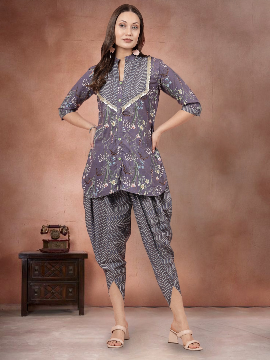 

Moda Rapido Embellished Floral Printed Tunic with Dhoti Pants Co-Ords, Grey