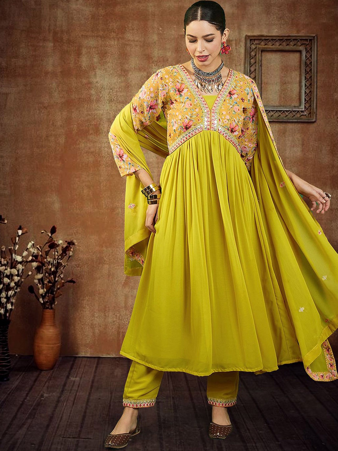 

Sangria Floral Yoke Design Empire Sequinned Georgette A-Line Kurta With Trouser & Dupatta, Yellow