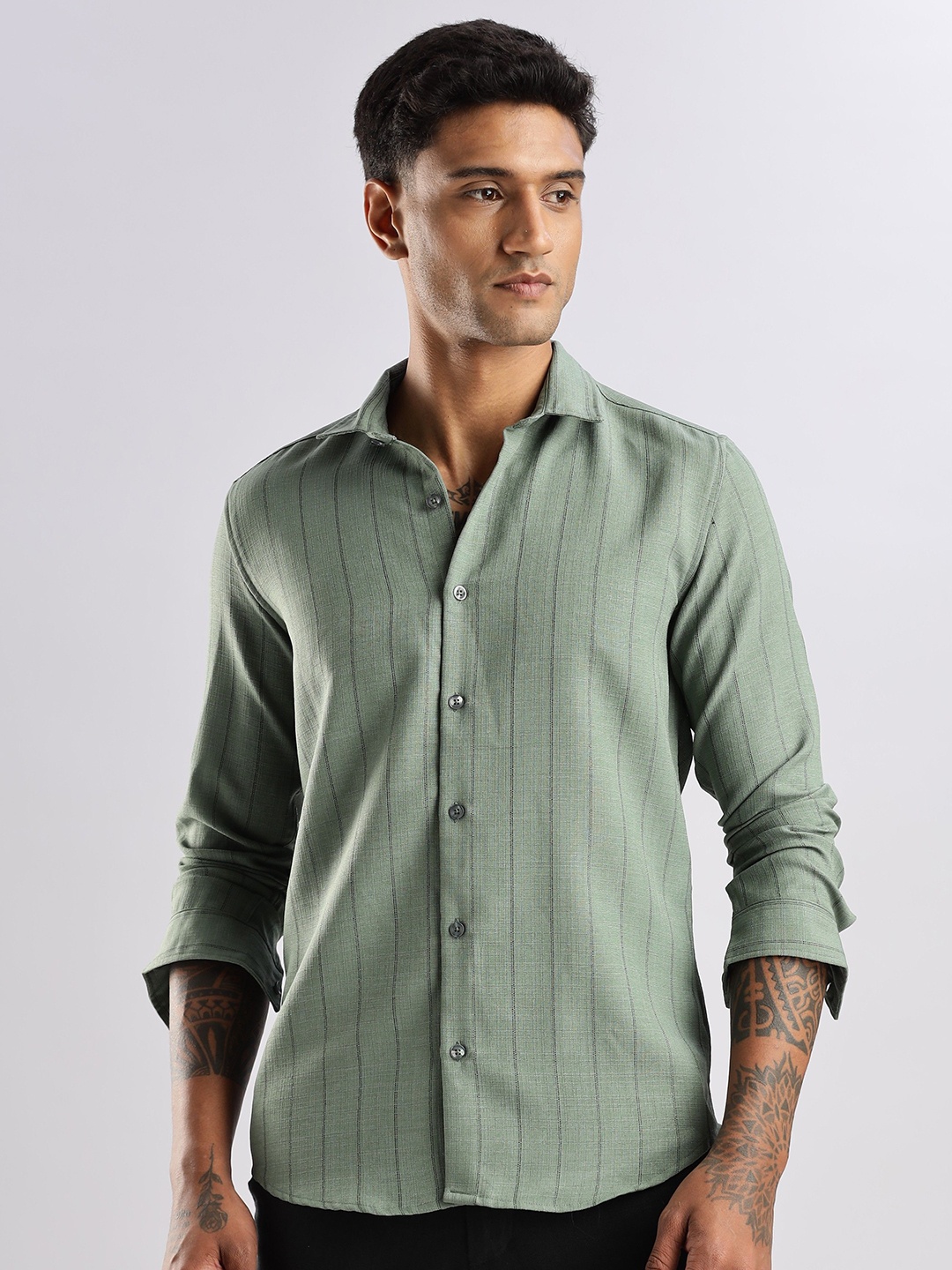 

THE BEETEL HOUSE Men Air Like Linen Stripes Regular Slim Fit Casual Shirt, Olive
